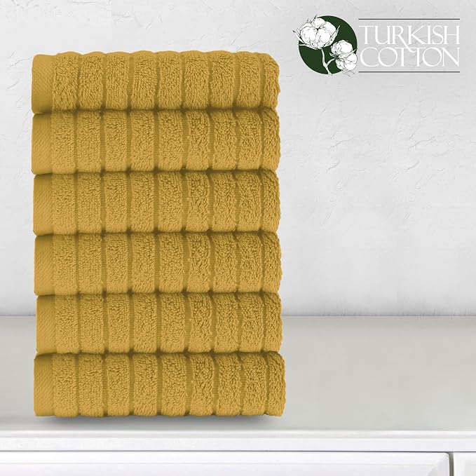 Elegant Comfort 100% Turkish Cotton Corduroy Ribbed Luxury Washcloths 6 Pack Soft 13 x 13 Inch - Higly Absorbent, Durable, Quick Dry, Spa Premium Hotel Quality for Bathroom or Travel, Gold