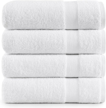 LANE LINEN Large Bath Towel Set Absorbent Quick Dry 100% Cotton - White | Bath Towels Set Of 4 - Fade-Resistant Color, Classic Terry Weave, Densely Woven, Coordinated Colors, Dobby Border Accent