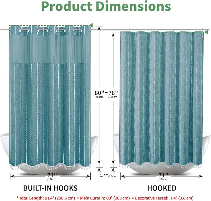 eachope Long No Hook Shower Curtain with Snap-in Fabric Liner,71x80,Teal | 330GSM Thick Linen Textured Striped,Boho Farmhouse Rustic Luxury Bathroom Curtain with Tassels,Mesh Window,Water-Repellent