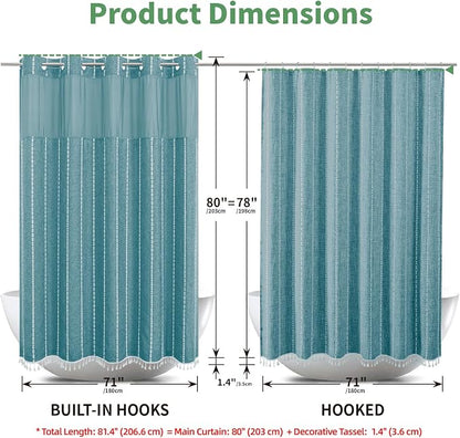 eachope Long No Hook Shower Curtain with Snap-in Fabric Liner,71x80,Teal | 330GSM Thick Linen Textured Striped,Boho Farmhouse Rustic Luxury Bathroom Curtain with Tassels,Mesh Window,Water-Repellent