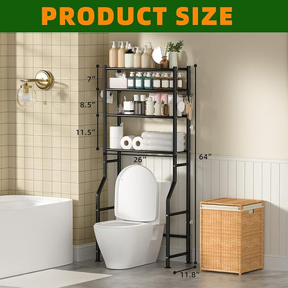 4-Tier Over Toilet Storage with Anti-Tilt Safety System - 150lb Total Capacity Metal Bathroom Shelves Including Paper Holder & 4 Hooks, Space Saving Above Commode Organizer (64" H, Black)