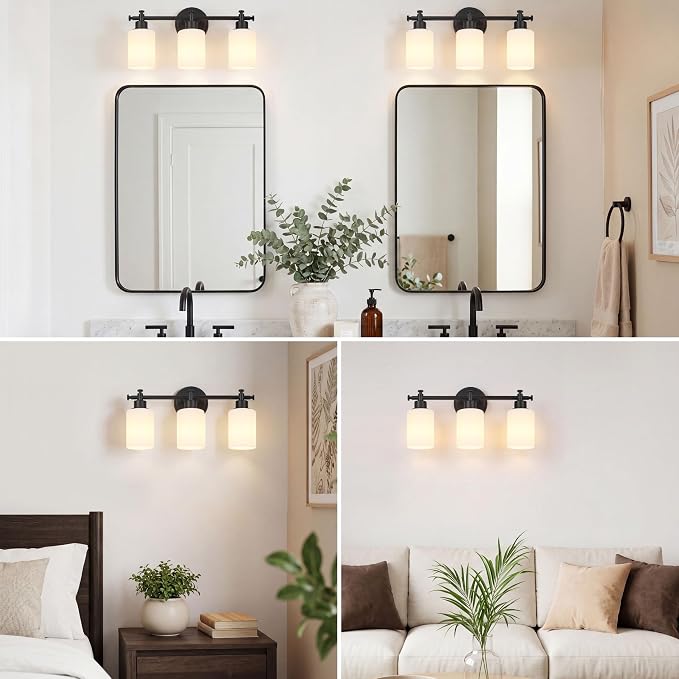 3 Light Black Bathroom Vanity Light Fixture Over Mirror, 17.5'' | Vanity Lights for Bathroom, Bedroom, Living Room, White Frosted Glass Shades, Modern, E26(Bulbs Not Included)