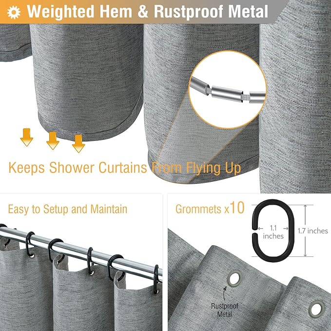 Narrow Linen Textured Waterproof Shower Curtain, 54x72, Grey/Gray | Small Size, 230GSM Polyester, Heavy Duty Fabric, Weighted Hem, 10 Plastic Hooks, Modern Luxury Hotel Style, Machine Washable