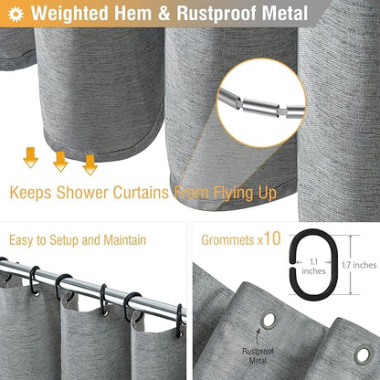 Narrow Linen Textured Waterproof Shower Curtain, 54x72, Grey/Gray | Small Size, 230GSM Polyester, Heavy Duty Fabric, Weighted Hem, 10 Plastic Hooks, Modern Luxury Hotel Style, Machine Washable