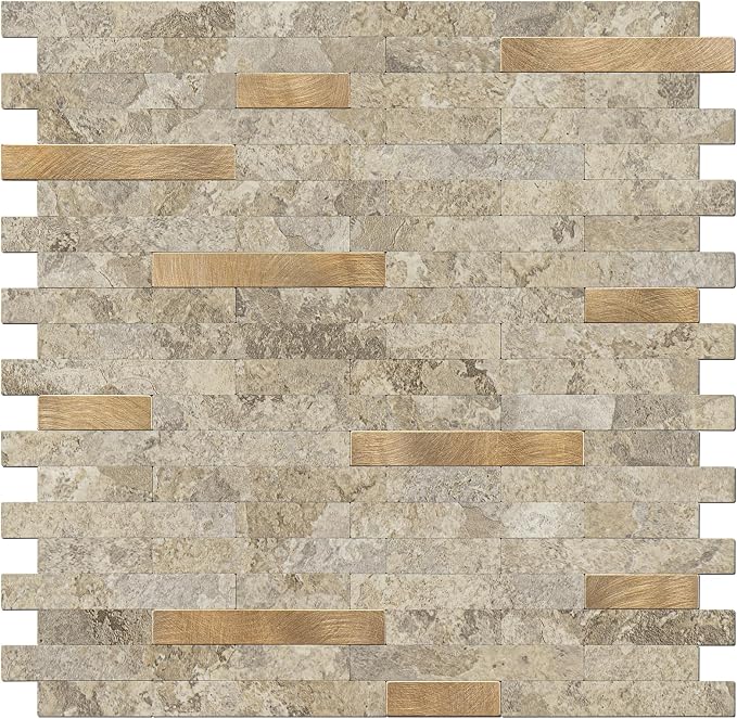STICKGOO Peel and Stick Backsplash Tile, Stick on Backsplash for Kitchen and Bathroom, Stone Beige Marble Look PVC Mixed Metal Gold Self Adhesive Wall Tiles(Sample)