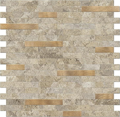 STICKGOO Peel and Stick Backsplash Tile, Stick on Backsplash for Kitchen and Bathroom, Stone Beige Marble Look PVC Mixed Metal Gold Self Adhesive Wall Tiles(Sample)