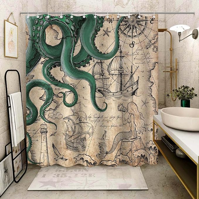 Fungarth Long Vintage Green Nautical Octopus Shower Curtain Mermaid Funny Ocean Kraken Shower Curtains for Bathroom Cool Anchor Coastal Map Waterproof Fabric Bath Curtain Decor (Retro2, 72” x 78”)