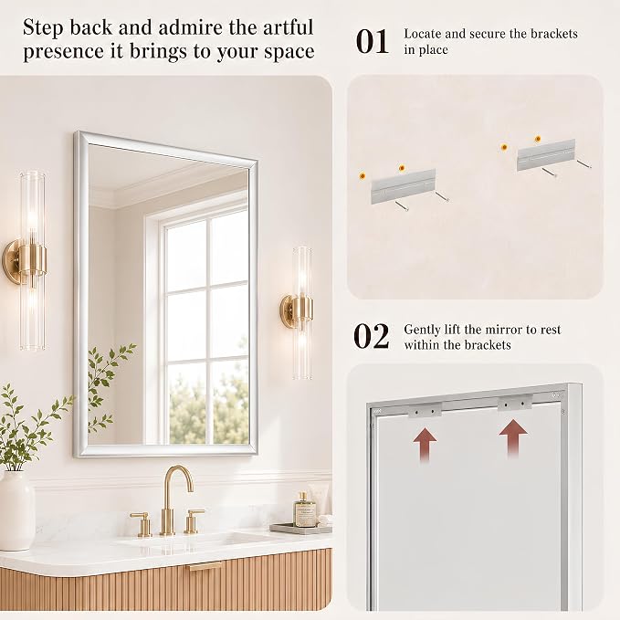 Brushed Nickel Bathroom Mirrors for Over Sink 30x40 Inch | Curved Aluminum Frame Rectangle Vanity Mirror for Bedroom Living Room Entryway, HD Tempered Glass, Anti-Rust
