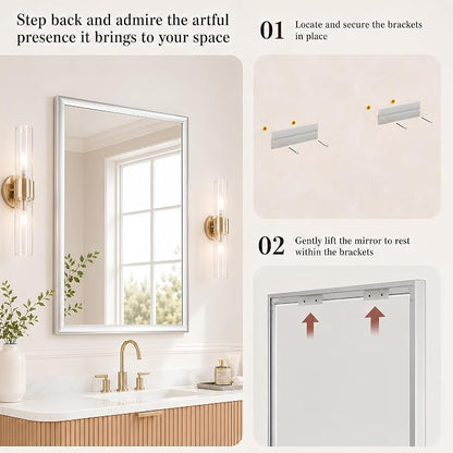 Brushed Nickel Bathroom Mirrors for Over Sink 30x40 Inch | Curved Aluminum Frame Rectangle Vanity Mirror for Bedroom Living Room Entryway, HD Tempered Glass, Anti-Rust