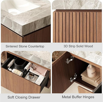 Ambrovina 30" Floating Bathroom Vanity with Sink, Modern Plywood Bathroom Storage Cabinet with Drawer and Door, Light Gray Sintered Stone Countertop and White Ceramic Basin, Pre-Assembled, Dark Oak