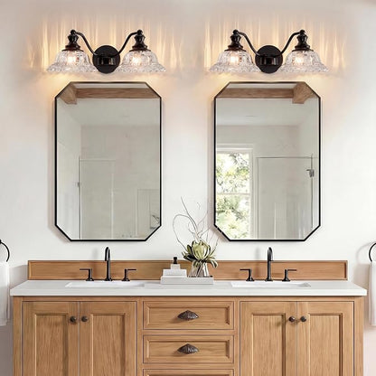 2 Lights Bathroom Vanity Light Fixtures, Vintage Black Vanity Lights for Bathroom, Farmhouse Antique Light Fixtures Over Mirror with Crystal Glass Shade