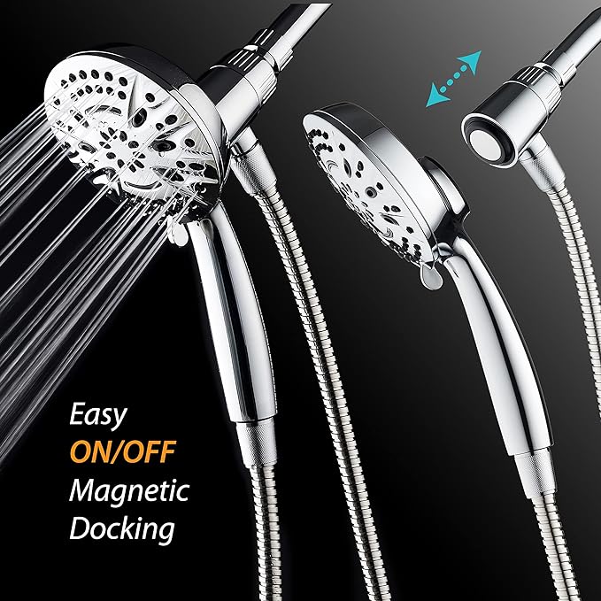 AquaDance New Magnetic Docking 8-setting High Pressure Handheld Shower Head | Space-age Magnetic Guidance Bracket System, Giant 5-inch Face, Extra-long 72-inch Stainless Steel Hose - All Chrome Finish