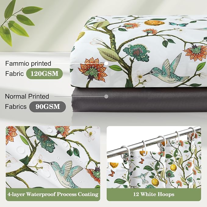 Floral Bird Shower Curtain 72x72, Hummingbird and Lemon Botanical Fabric Bath Curtains, Lightweight Quick-Dry Bathroom Decor Set with Hooks