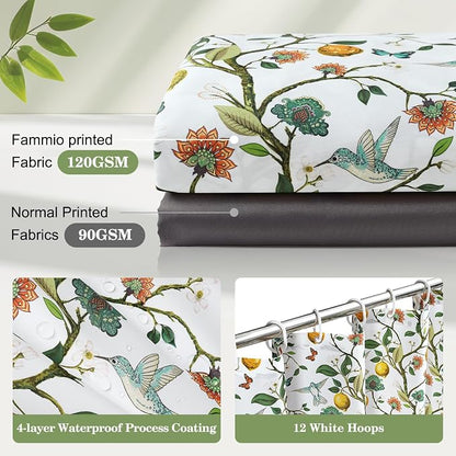 Floral Bird Shower Curtain 72x72, Hummingbird and Lemon Botanical Fabric Bath Curtains, Lightweight Quick-Dry Bathroom Decor Set with Hooks