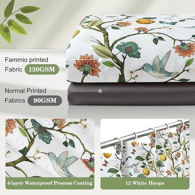 Floral Bird Shower Curtain 72x84, Hummingbird and Lemon Botanical Fabric Bath Curtains, Lightweight Quick-Dry Bathroom Decor Set with Hooks