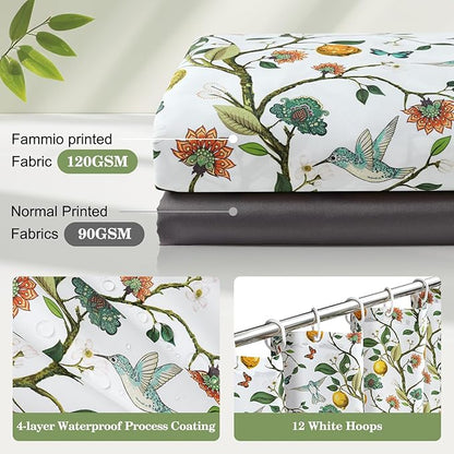 Floral Bird Shower Curtain 72x84, Hummingbird and Lemon Botanical Fabric Bath Curtains, Lightweight Quick-Dry Bathroom Decor Set with Hooks