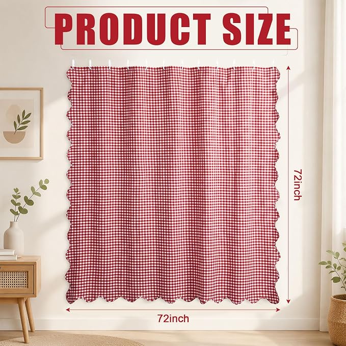 HunnmingRe Scalloped Gingham Shower Curtain Red | 72'' x 72'' Vintage Farmhouse Curtain, Cotton Cottage Core Rural Checkered Plaid Decor, Fall Shower Curtain for Bathroom