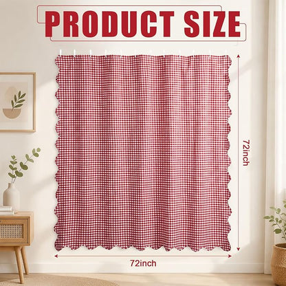 HunnmingRe Scalloped Gingham Shower Curtain Red | 72'' x 72'' Vintage Farmhouse Curtain, Cotton Cottage Core Rural Checkered Plaid Decor, Fall Shower Curtain for Bathroom