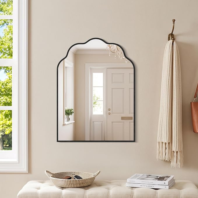 Arched Scalloped Mirror, 18×24Inch Black Mirror for Bathroom, Wavy Wall Mounted Vanity Mirror with Aluminum Alloy Frame for Livingroom Bedroom and Entryway, Tempered Glass