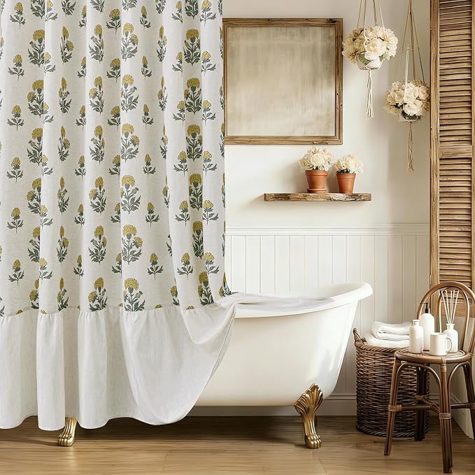 ORTIGIA Linen Textured Ruffle Shower Curtain with Metal Hooks, Vintage Yellow Floral Block Print Boho Waterproof Bath Curtain for Rustic Farmhouse Bathroom Decor 72x72 Inch