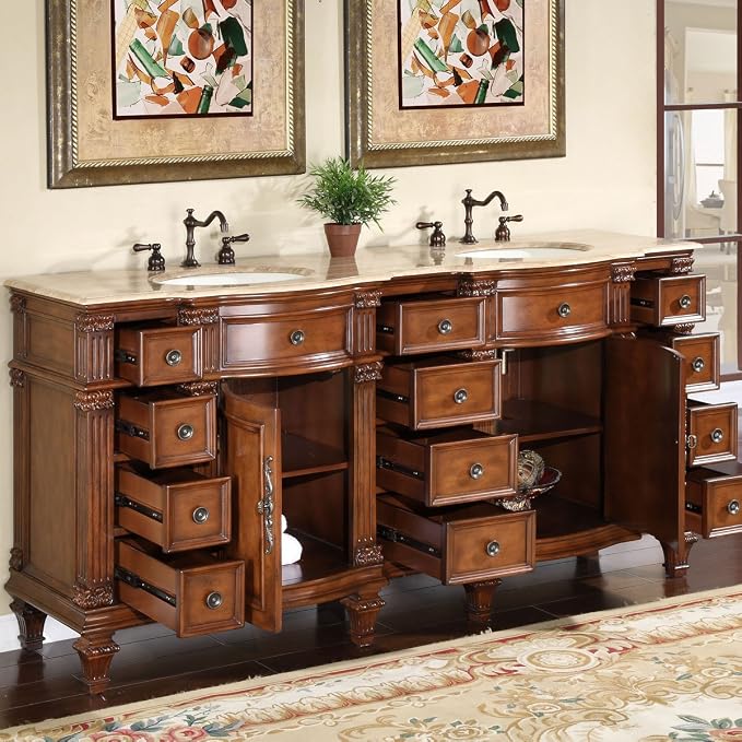 HYP-0722-T-UIC-72 Travertine Stone Top Double Sink Bathroom Vanity with Furniture Bath Cabinet, 72", Medium Wood