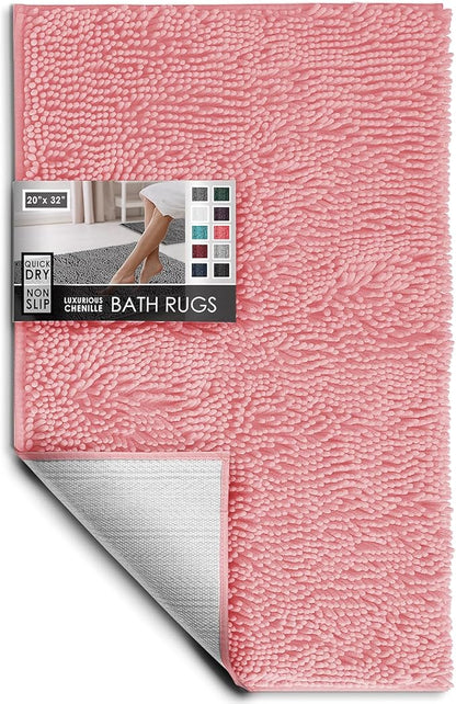 Hearth & Harbor Bathroom Rugs, Chenille Bath Mat - Machine Washable Bath Mats for Bathroom Non-Slip Backing Rubber, Quick Dry Bathroom Mat, 20 x 32 - Pink