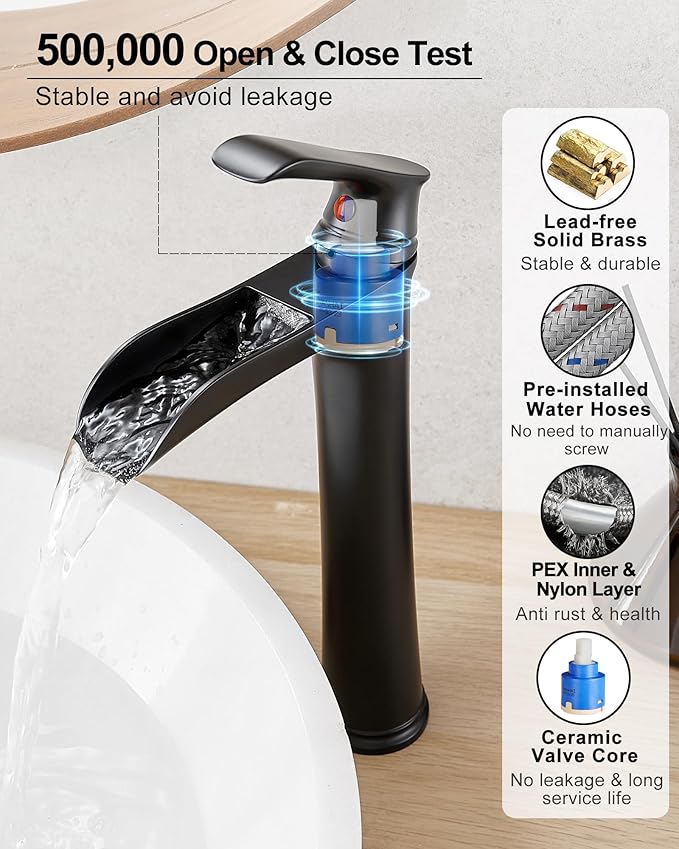 Waterfall Bathroom Sink Faucet, Brass Tall Black Bathroom Faucet Single Handle Vessel Faucet, Bathroom Faucets One Hole Mixer Bowl Tap with Pop-Up Drain Water Hoses for Vanity Lavatory Farmhouse
