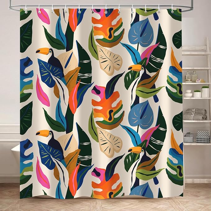 Colorful Leaf Shower Curtain, Boho Bird Abstract Art Jungle Plant Bathroom Curtain with 12 Hooks, Modern Asthetic Waterproof Polyester Fabric Bathroom Decor with Hooks 72x72 Inch
