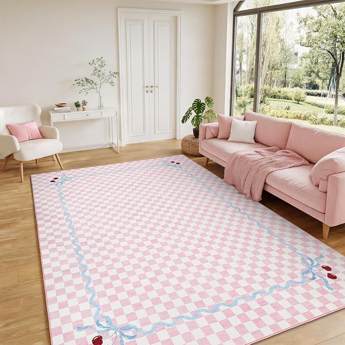 Garvee Washable 5x7 Area Rugs for Living Room Blush Pink Checkered Cherry | Coquette Aesthetic Non Slip Soft Bedroom Rugs Low Pile Stain Resistant Carpet for Daughter Playroom Nursery Girls Room Decor