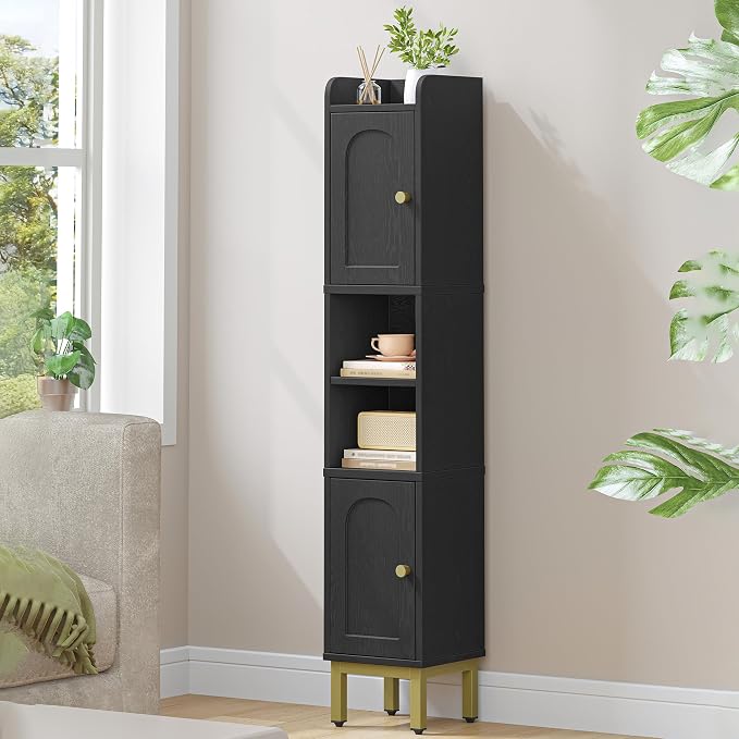 Hzuaneri Slim Bathroom Storage Cabinet, Narrow Bathroom Organizers,2 Doors | Narrow Bathroom Storage with 4 Adjustable Feet, Laundry Room Organization for Small Space,Kitchen, Black BC22404G