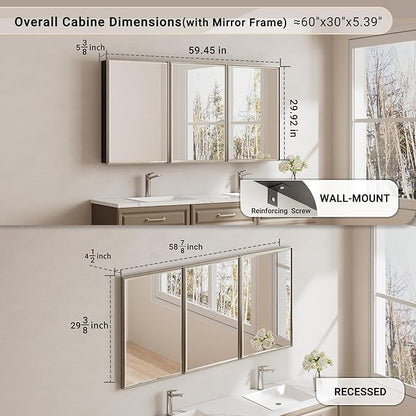 Pre-Assembled Surface or Recessed Medicine Cabinet Mirror-60x30 Brushed Nickel Bathroom Medicine Cabinet with Mirror & Rustproof Aluminum Frame, Beveled Bathroom Vanity Mirror with Storage