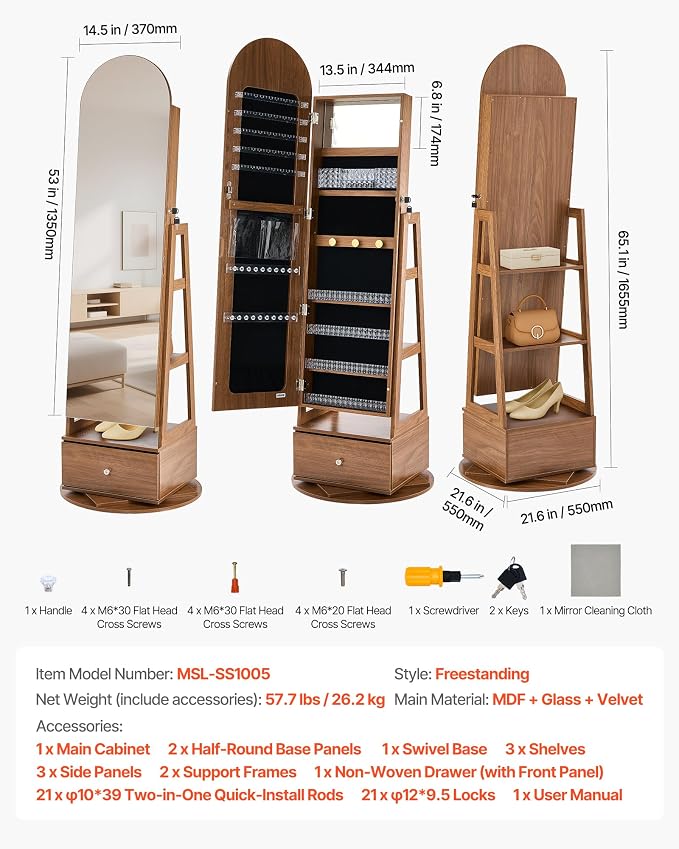 VEVOR 360° Swivel Jewelry Cabinet, 65.1-inch Tall, Full-Length Mirror with Storage, Standing Rotatable Jewelry Armoire Organizer, Lockable with 2 Keys, Accessory Pouches, Storage Shelves and Drawer