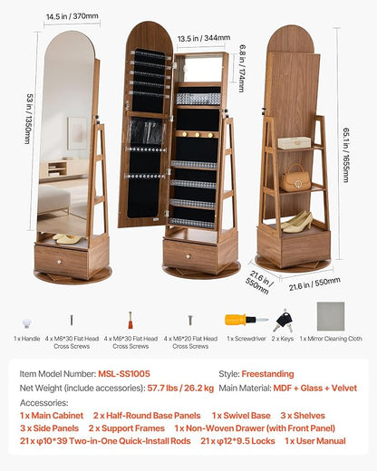 VEVOR 360° Swivel Jewelry Cabinet, 65.1-inch Tall, Full-Length Mirror with Storage, Standing Rotatable Jewelry Armoire Organizer, Lockable with 2 Keys, Accessory Pouches, Storage Shelves and Drawer