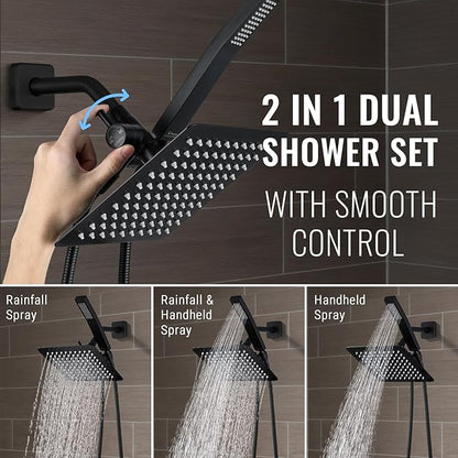 All Metal Shower Faucet Set, Dual Square Shower Head System with Handheld Wand, Diverter, Hose Complete Combo, Pressure Balance Rough-in Valve Included (Matte Black)