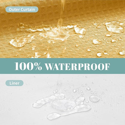 eachope No Hook Waffle Shower Curtain with Snap-in Liner, 71x77 Inch, Gold | 230 GSM waffle weave fabric, waterproof liner set with 2 bottom magnets, mesh top window, washable, for bathroom or hotel use