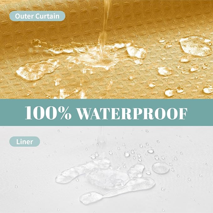 eachope No Hook Waffle Shower Curtain with Snap-in Liner, 71x74 Inch, Gold | 230 GSM waffle weave fabric, waterproof liner set with 2 bottom magnets, mesh top window, washable, for bathroom or hotel use