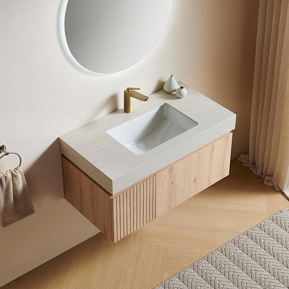 36” Floating Bathroom Vanity with Sink, Wall-Mounted Cabinet with Drawer & Doors, Roma Travertine-Pattern Countertop, Undermount Basin, Single Faucet Hole, Soft-Close, Pre-Assembled, Light Oak