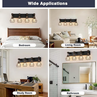Farmhouse Bathroom Vanity Light Fixtures, 4-Light Black Gold Bathroom Light Fixtures Over Mirror, Rustic Wood Sconces Wall Lighting with Elegant Metal Lampshade for Living Room, Bedroom, Hallway
