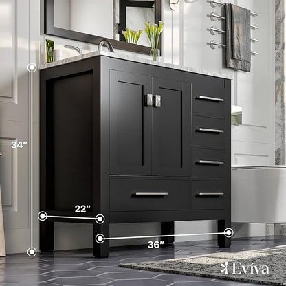 Eviva Aberdeen 36 inch Espresso Transitional Bathroom Vanity with White Carrara Quartz Countertop and Undermount Porcelain Sink