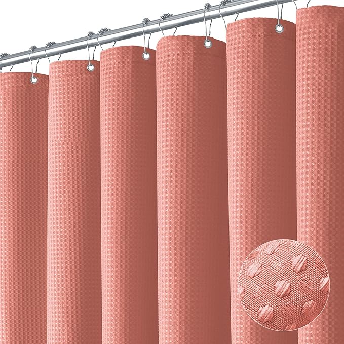 Waffle Shower Curtain 256 GSM Heavy Duty Fabric 72"x72" Coral | Thick Textured Cloth, Weighted Hem, Water Repellent Washable, Hotel Luxury Polyester Shower Curtain Set for Bathroom 12 Hooks