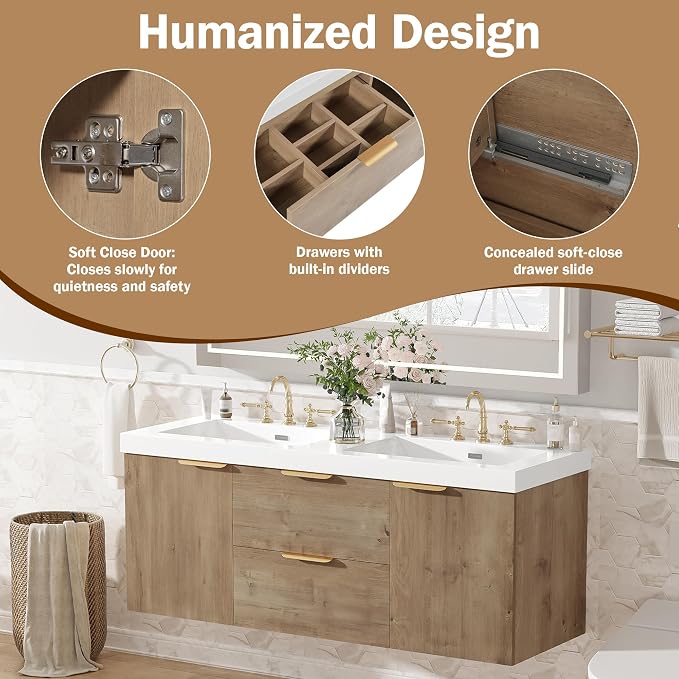 60'' Floating Bathroom Vanity with Sink, Wall-Mounted Cabinet with Handle | 2 Drawer & 2Doors, SMC Resin Top Undermount Basin, Soft-Close, MDF Cabinet for Large Bathrooms, Hotels, Office Buildings