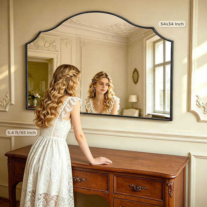 Besdomus Black Scalloped Wall Mirror: 54"x34" Oversized Wood Arched Mirror | Classical Minimalist Decorative Mirror for Fireplace/Bathroom/Bedroom/Entryway/Living Room/Dining Room/Dresser/Over Sink