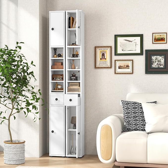 GIANTEX 71” Tall Slim Bathroom Storage Cabinet (White) | Narrow Floor Cabinet with 2 Doors, 5 Adjustable Shelves, 1 Drawer, Anti-Tipping Device for Small Spaces, Living Room, Kitchen