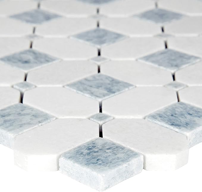 MSI Azula Hatchwork 12 in. x 12 in. Geometric Squares Polished Marble Mesh-Mounted Mosaic Wall Tile for Bathroom, Floor Tile and Kitchen Backsplash, White, Blue