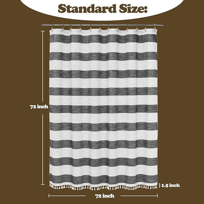 Black and White Farmhouse Thick Shower Curtain with Tassels, 350GSM Cotton Linen Soft Fabric Shower Curtain Boho Chic, 72 x 72 Inch Vintage Striped Heavyweight Bathroom Curtain Water-Repellent