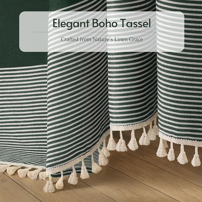 Dark Green Boho Linen Striped Shower Curtain with Tassel 72"W X 72"L | Boho Farmhouse Shower Curtains with Linen Texture for Bathroom Decor