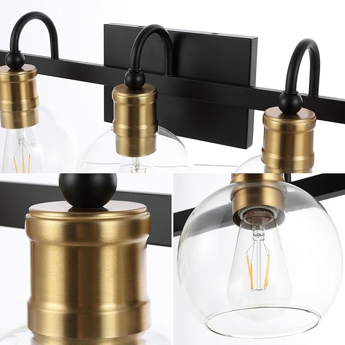JONATHAN Y 36.5" Black/Brass Gold Vintage Wall Sconce, LED Vanity Light for Bathroom Bedroom Entryway, Clear Glass Globe Shade, Modern Industrial Arched Lamp, LED Bulb Included (JYL3556A)