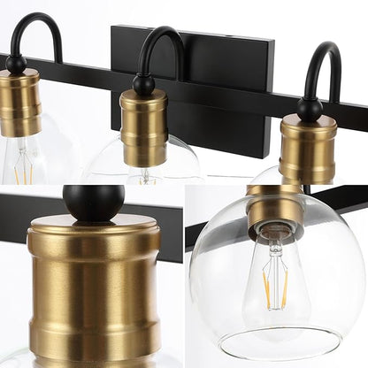 JONATHAN Y 36.5" Black/Brass Gold Vintage Wall Sconce, LED Vanity Light for Bathroom Bedroom Entryway, Clear Glass Globe Shade, Modern Industrial Arched Lamp, LED Bulb Included (JYL3556A)