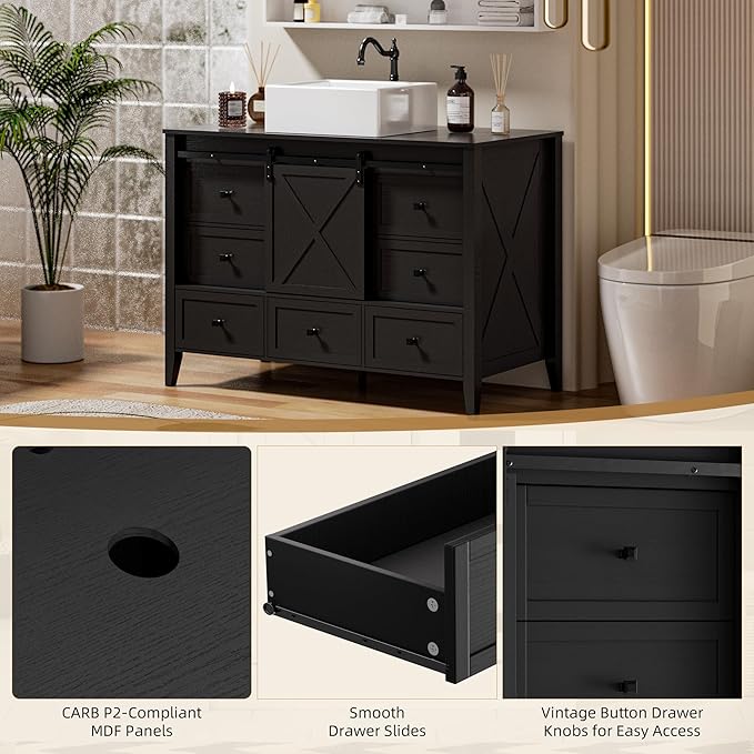 VNN Bathroom Vanity with Sink - 48 Inch Bathroom Vanity with Sink Ceramic, Freestanding Cabinet with Farmhouse Sliding Barn Door and 7 Drawers, Space-Saving Storage Cabinet, Wood Grain Texture, Black