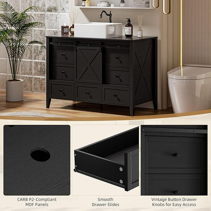VNN Bathroom Vanity with Sink - 48 Inch Bathroom Vanity with Sink Ceramic, Freestanding Cabinet with Farmhouse Sliding Barn Door and 7 Drawers, Space-Saving Storage Cabinet, Wood Grain Texture, Black